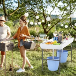 Klappbarer Campingtisch mit Doppelbecken & Schürze & Ablaufschlauch Kühltisch Gartentisch