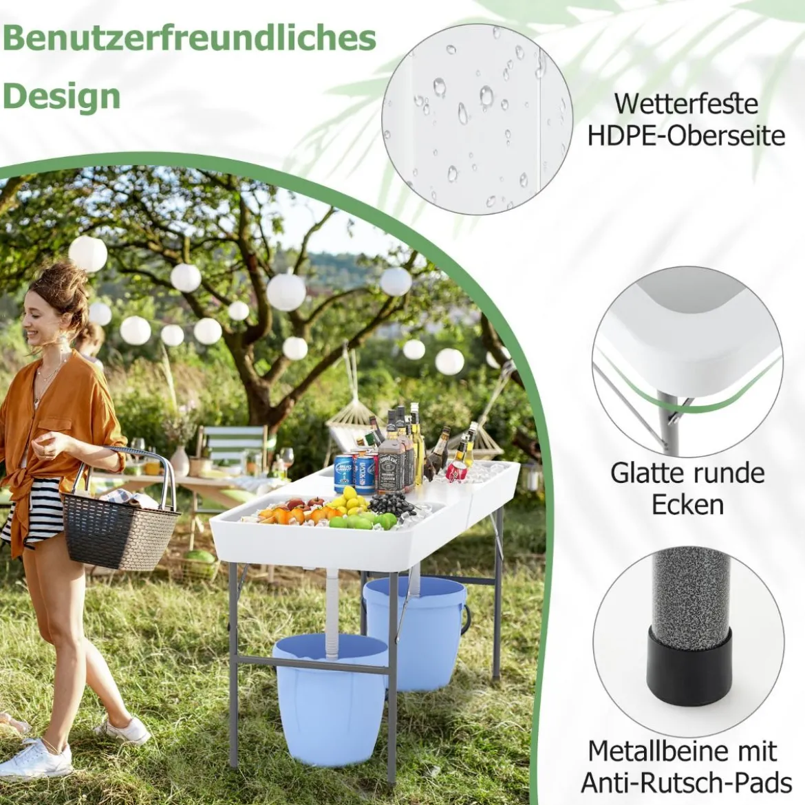 Klappbarer Campingtisch mit Doppelbecken & Schürze & Ablaufschlauch Kühltisch Gartentisch