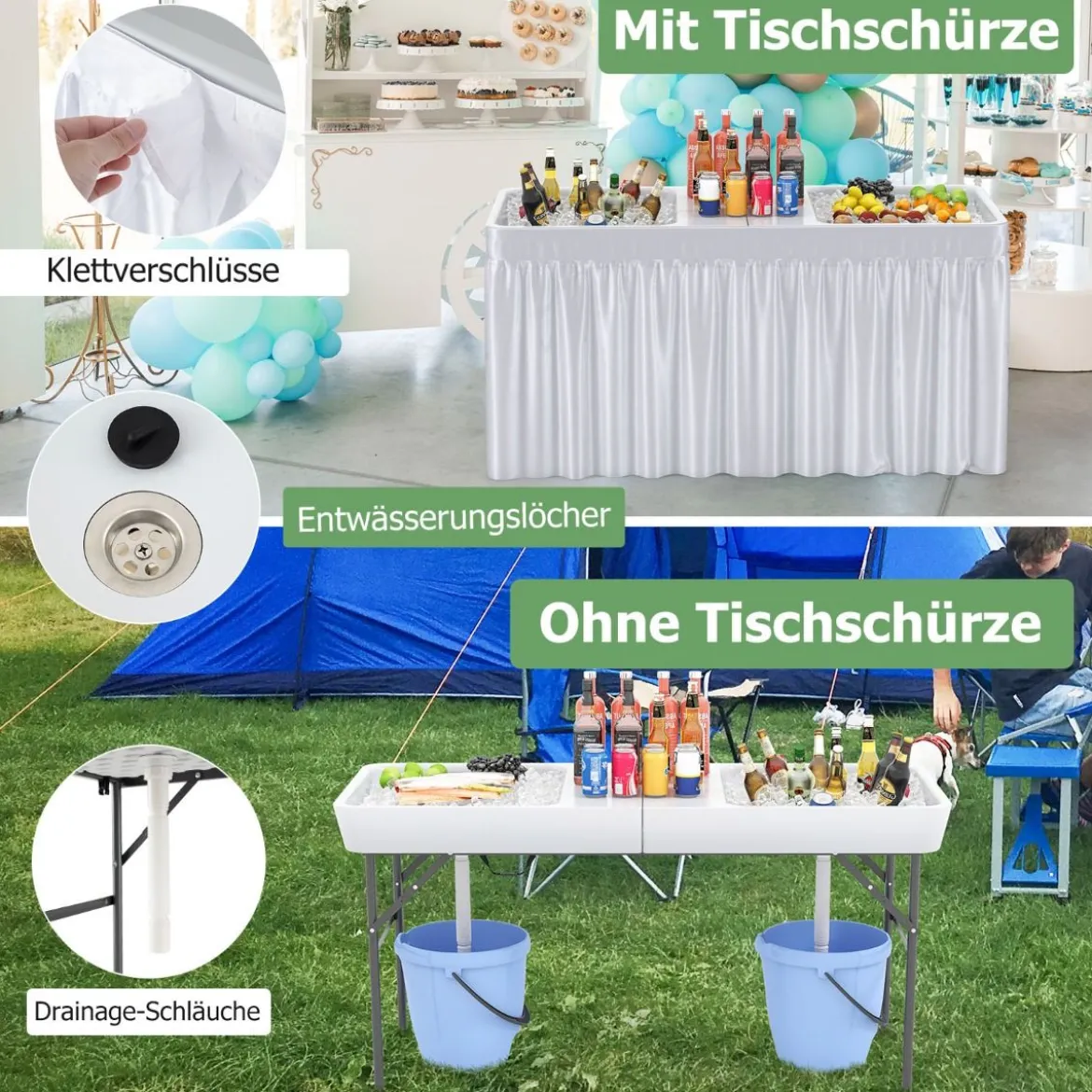 Klappbarer Campingtisch mit Doppelbecken & Schürze & Ablaufschlauch Kühltisch Gartentisch