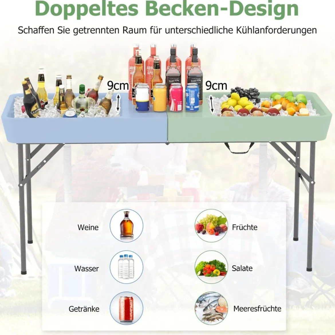 Klappbarer Campingtisch mit Doppelbecken & Schürze & Ablaufschlauch Kühltisch Gartentisch