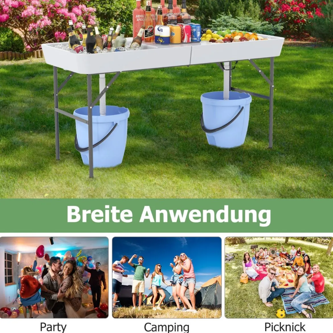 Klappbarer Campingtisch mit Doppelbecken & Schürze & Ablaufschlauch Kühltisch Gartentisch