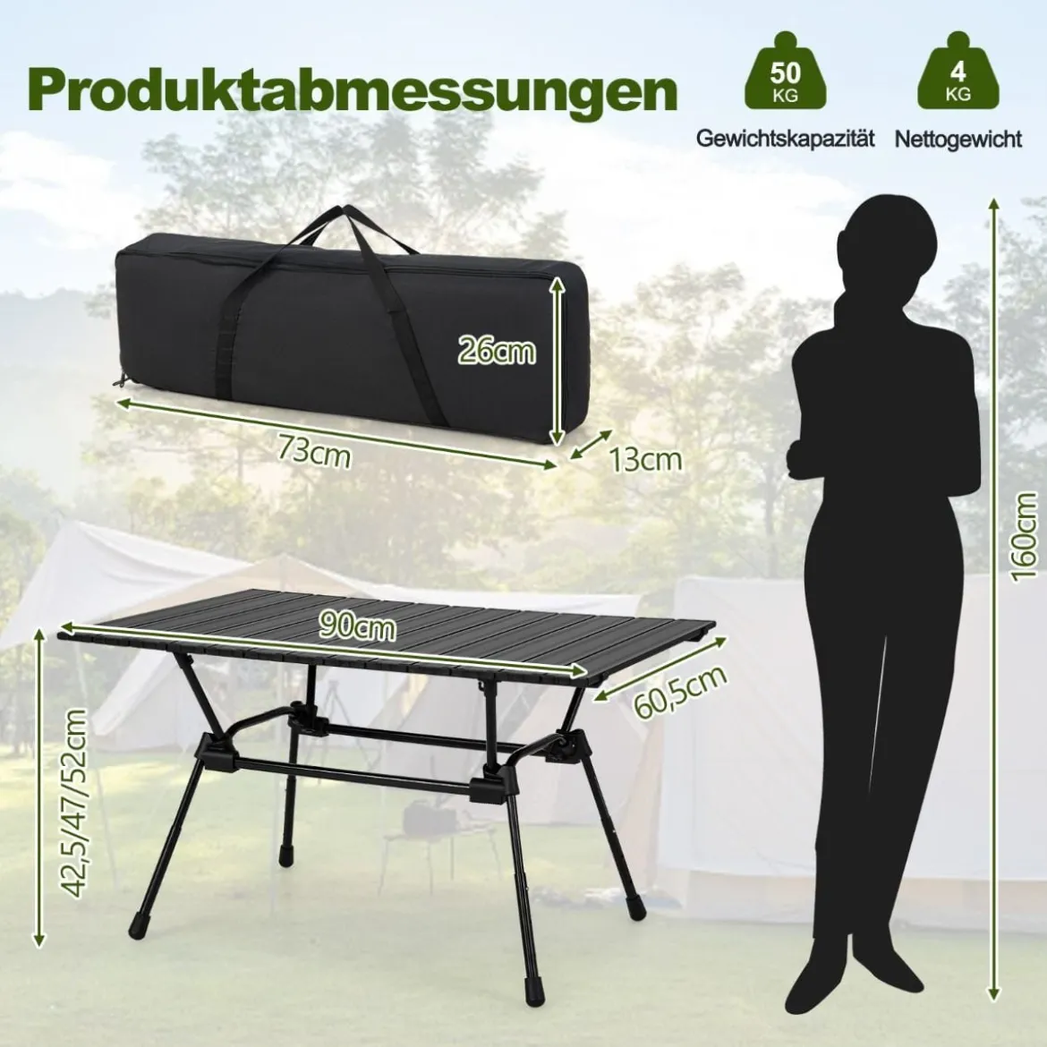 Klappbarer Campingtisch mit Tragetasche 4-stufig Höhenverstellbar 90 x 60,5 x 52 cm Schwarz
