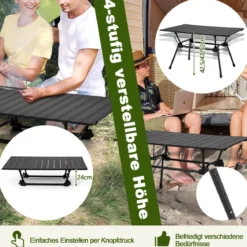 Klappbarer Campingtisch mit Tragetasche 4-stufig Höhenverstellbar 90 x 60,5 x 52 cm Schwarz