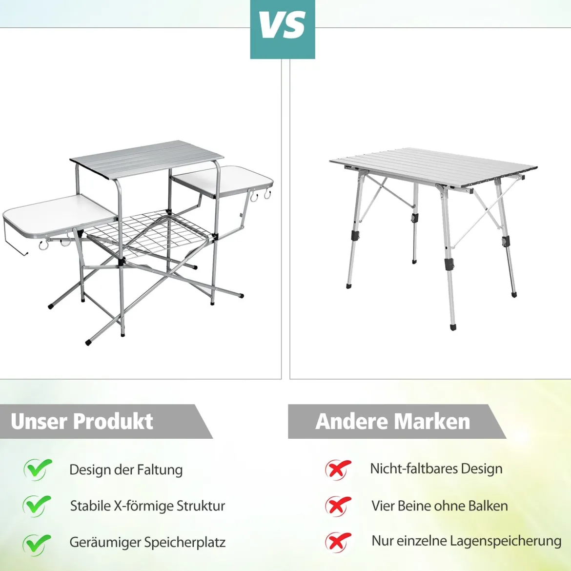 Klappbarer Campingtisch mit Tragetasche Campingküche BBQ Kochstation Falttisch für Grillpartys Silber