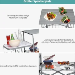 Klappbarer Campingtisch mit Tragetasche Campingküche BBQ Kochstation Falttisch für Grillpartys Silber