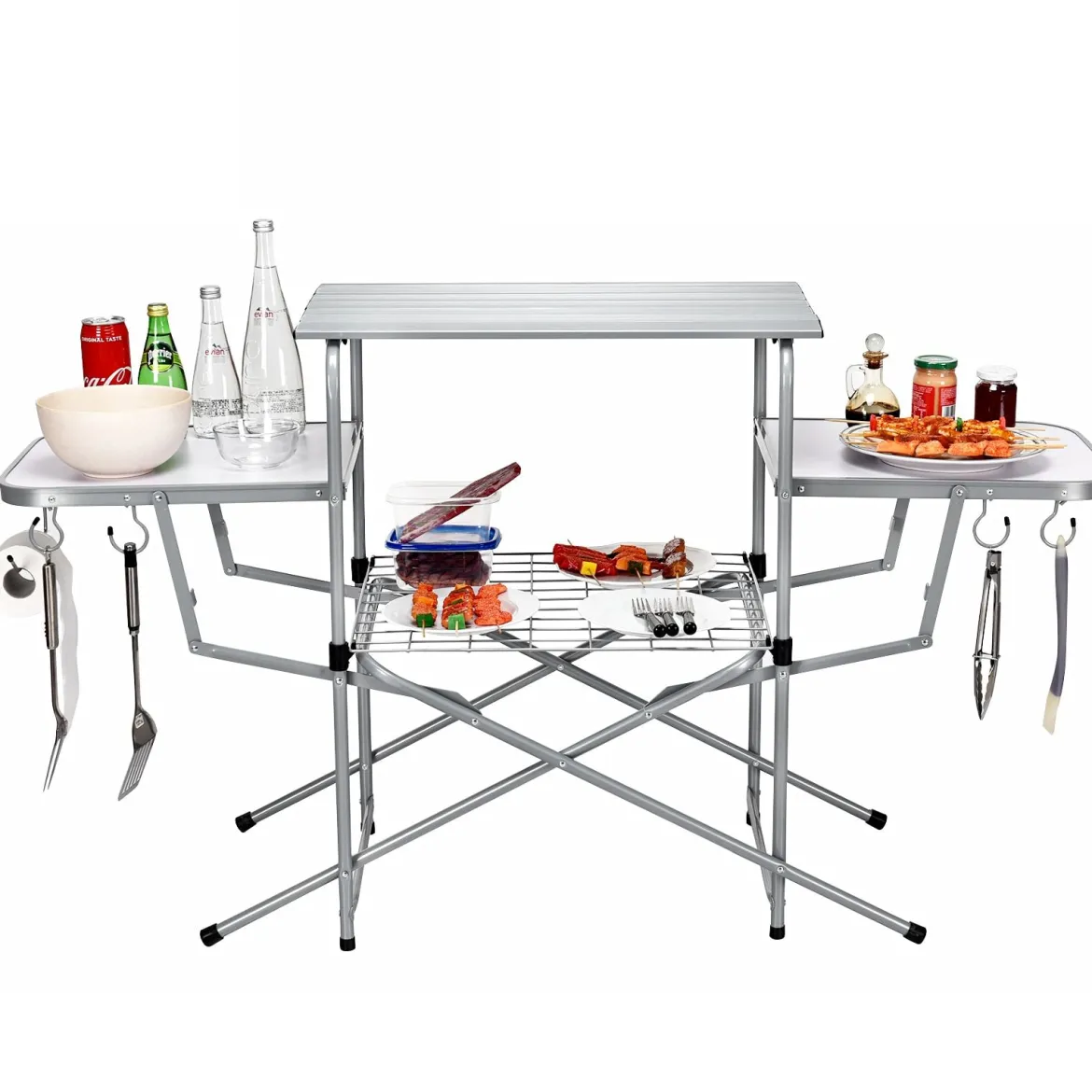 Klappbarer Campingtisch mit Tragetasche Campingküche BBQ Kochstation Falttisch für Grillpartys Silber
