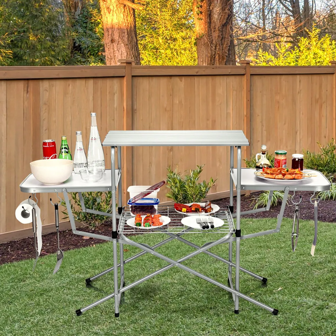 Klappbarer Campingtisch mit Tragetasche Campingküche BBQ Kochstation Falttisch für Grillpartys Silber