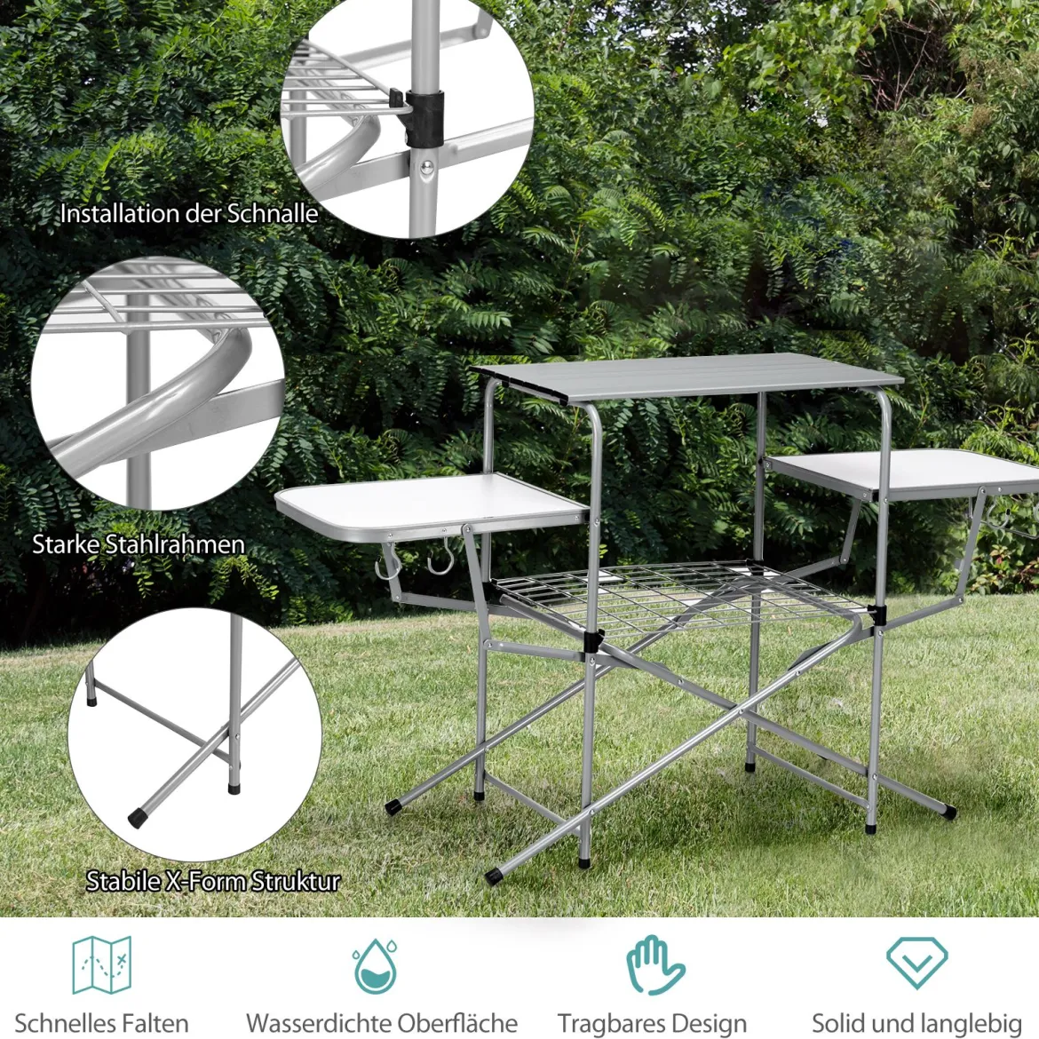 Klappbarer Campingtisch mit Tragetasche Campingküche BBQ Kochstation Falttisch für Grillpartys Silber