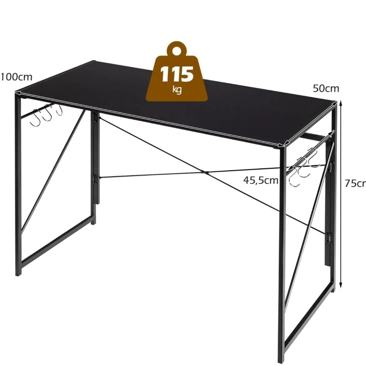 Klappbarer Computertisch Arbeitstisch mit Metallrahmen Laptop-Tisch bis 115 kg belastbar 100 x 50 x 75 cm Schwarz