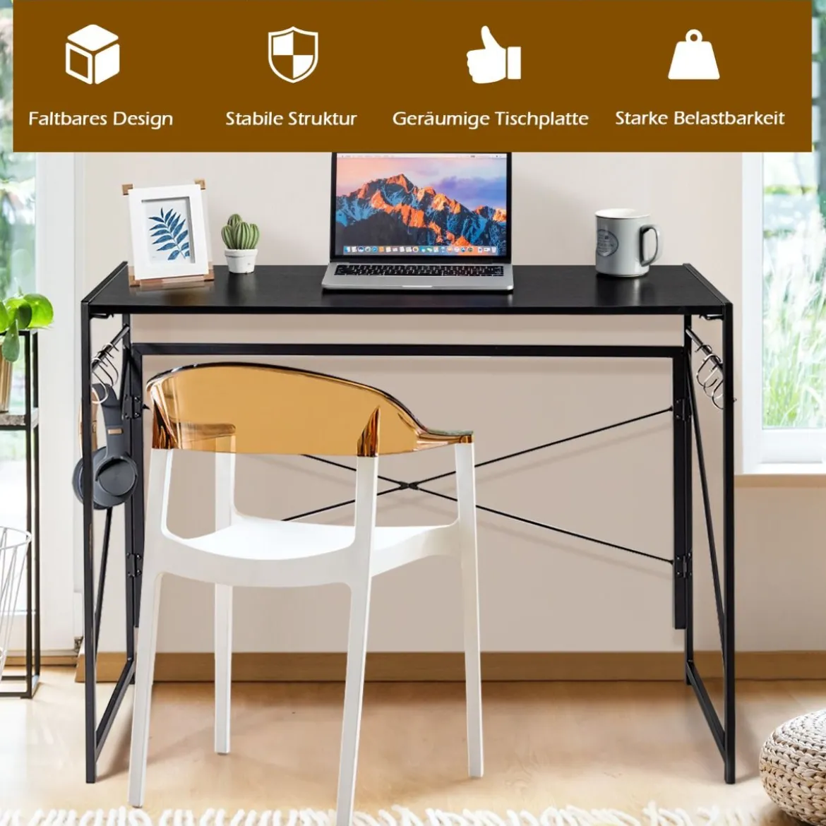 Klappbarer Computertisch Arbeitstisch mit Metallrahmen Laptop-Tisch bis 115 kg belastbar 100 x 50 x 75 cm Schwarz
