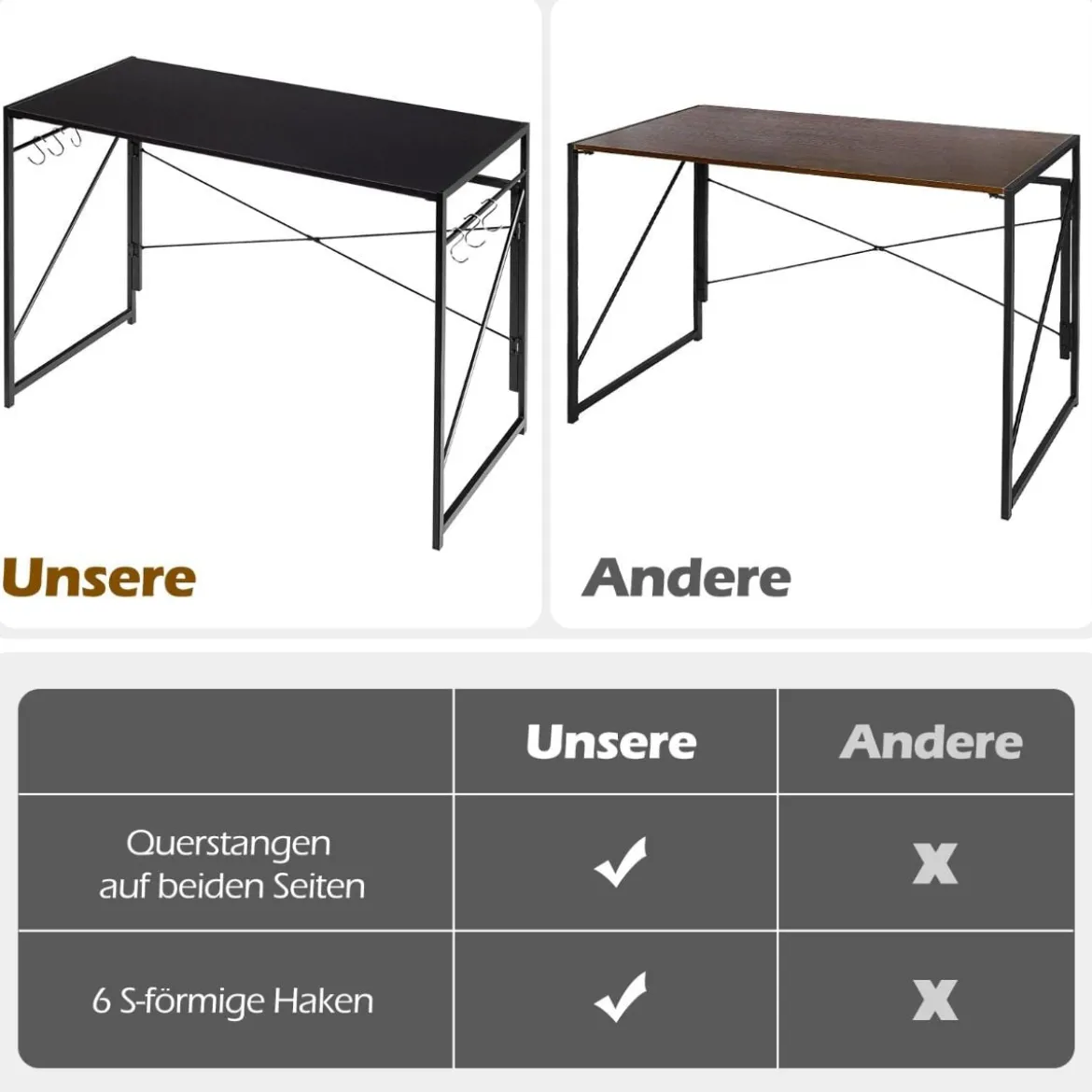 Klappbarer Computertisch Arbeitstisch mit Metallrahmen Laptop-Tisch bis 115 kg belastbar 100 x 50 x 75 cm Schwarz
