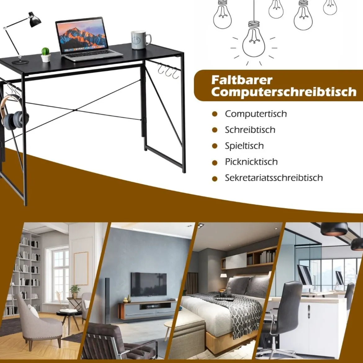 Klappbarer Computertisch Arbeitstisch mit Metallrahmen Laptop-Tisch bis 115 kg belastbar 100 x 50 x 75 cm Schwarz