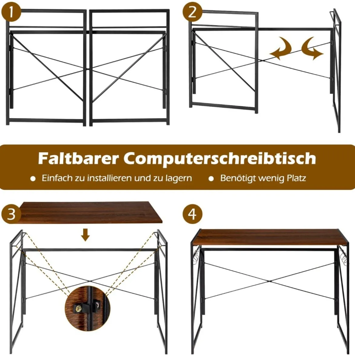 Klappbarer Computertisch Arbeitstisch mit Metallrahmen Laptop-Tisch bis 115 kg belastbar Braun 100 x 50 x 75 cm