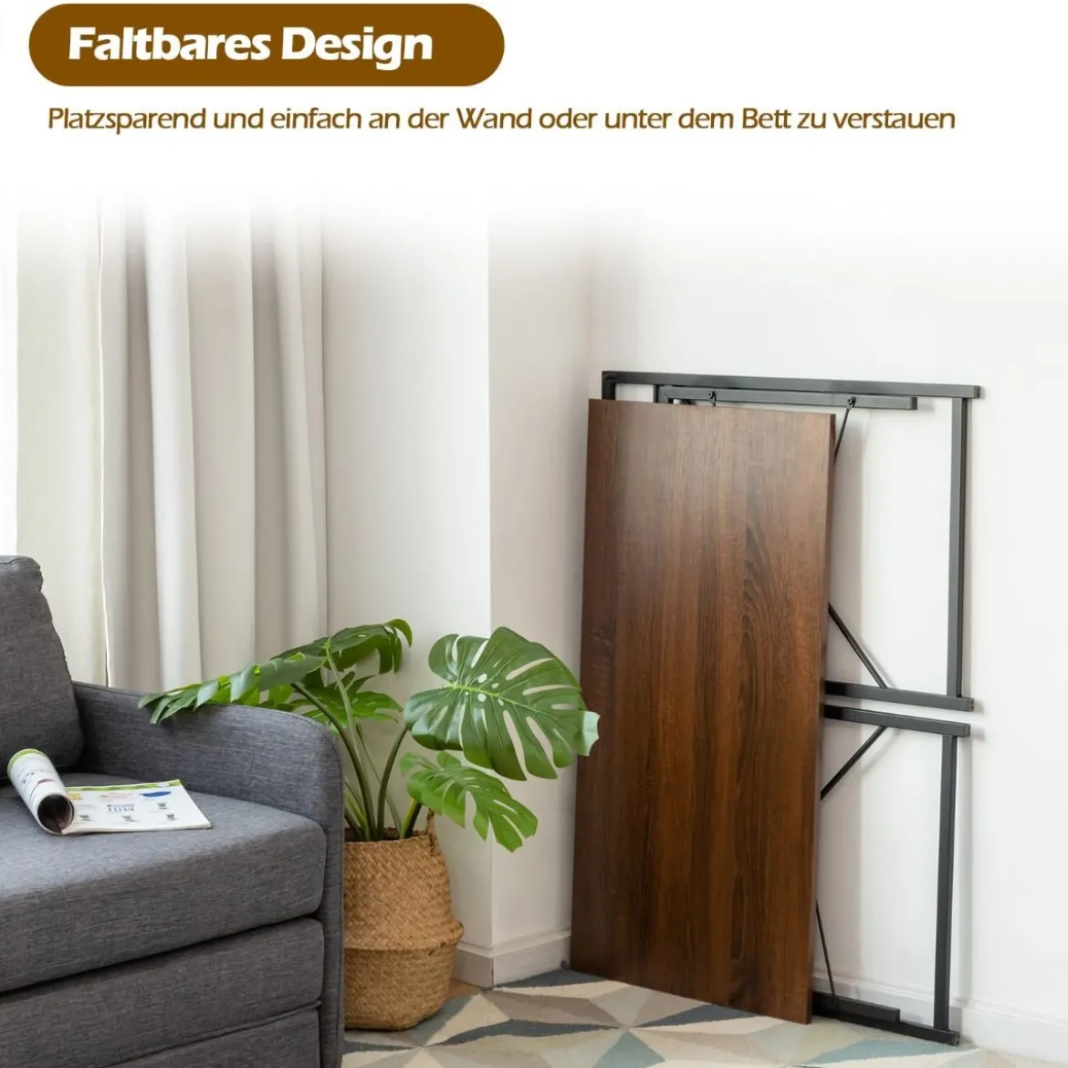Klappbarer Computertisch Arbeitstisch mit Metallrahmen Laptop-Tisch bis 115 kg belastbar Braun 100 x 50 x 75 cm