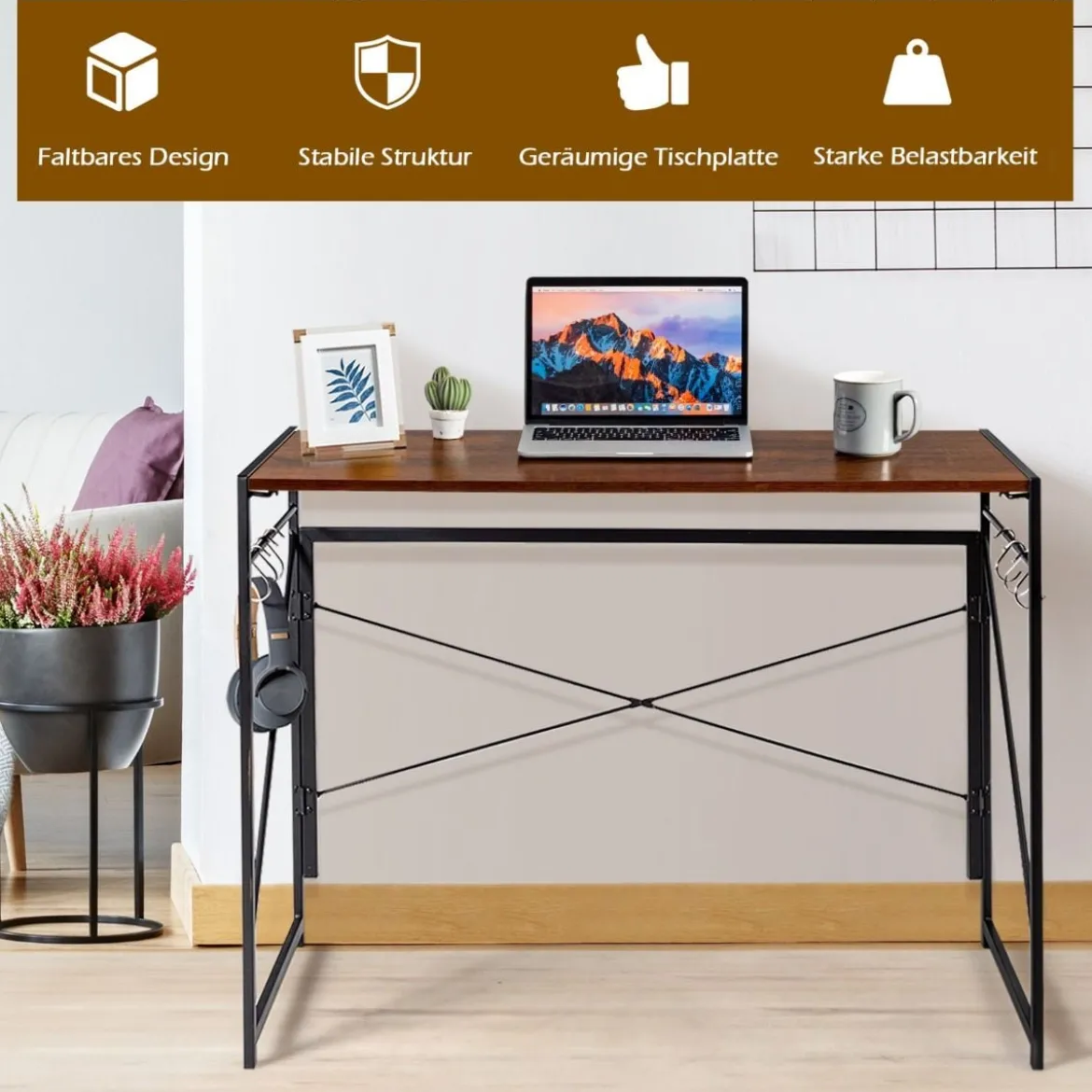 Klappbarer Computertisch Arbeitstisch mit Metallrahmen Laptop-Tisch bis 115 kg belastbar Braun 100 x 50 x 75 cm