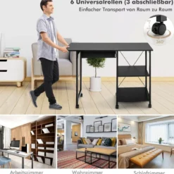 Klappbarer Computertisch mit 2-stufigen Ablagefächern & 6 Rädern Moderner Schreibtisch Schwarz