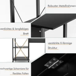 Klappbarer Computertisch mit 2-stufigen Ablagefächern & 6 Rädern Moderner Schreibtisch Schwarz