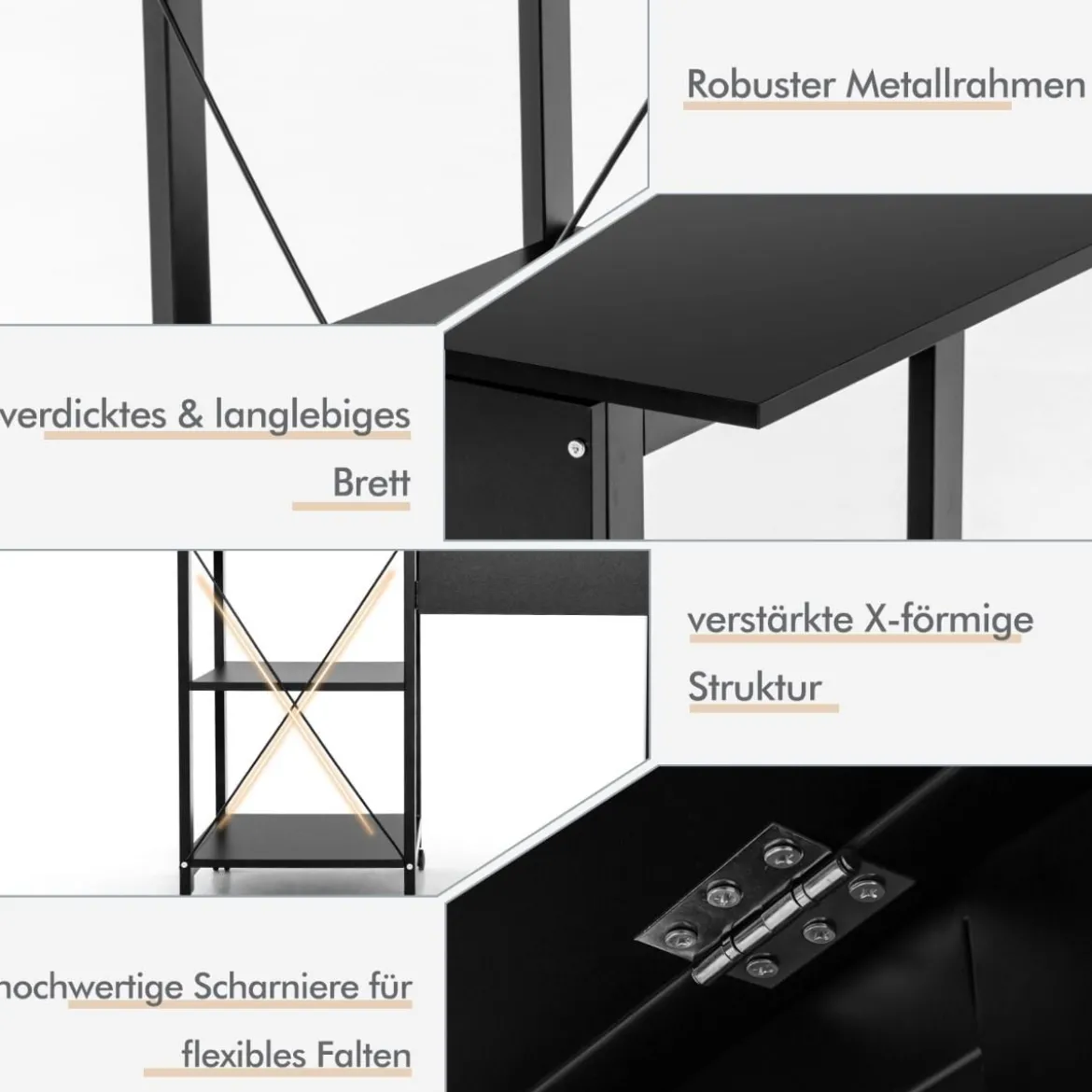Klappbarer Computertisch mit 2-stufigen Ablagefächern & 6 Rädern Moderner Schreibtisch Schwarz