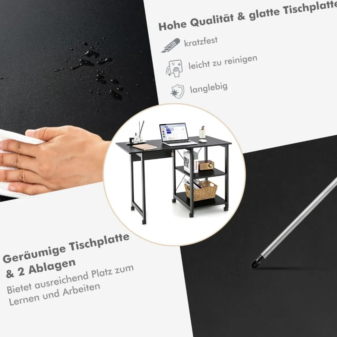 Klappbarer Computertisch mit 2-stufigen Ablagefächern & 6 Rädern Moderner Schreibtisch Schwarz