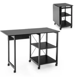 Klappbarer Computertisch mit 2-stufigen Ablagefächern & 6 Rädern Moderner Schreibtisch Schwarz