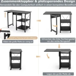 Klappbarer Computertisch mit 2-stufigen Ablagefächern & 6 Rädern Moderner Schreibtisch Schwarz