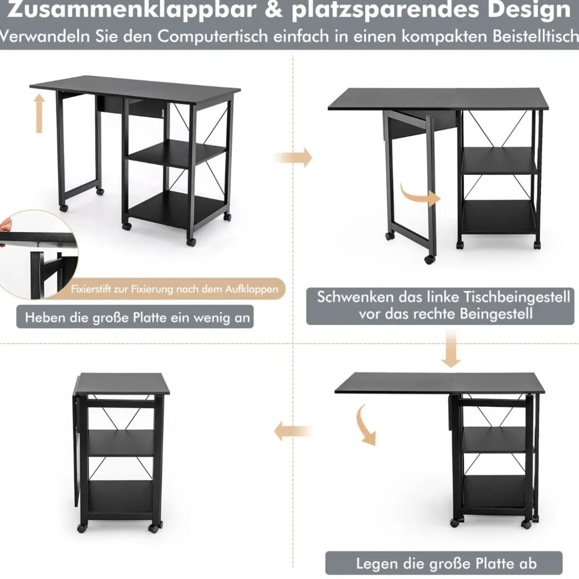 Klappbarer Computertisch mit 2-stufigen Ablagefächern & 6 Rädern Moderner Schreibtisch Schwarz
