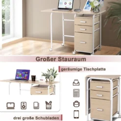 Klappbarer Computertisch mit 3 Schubladen & Rollen Platzsparender Schreibtisch Bürotisch