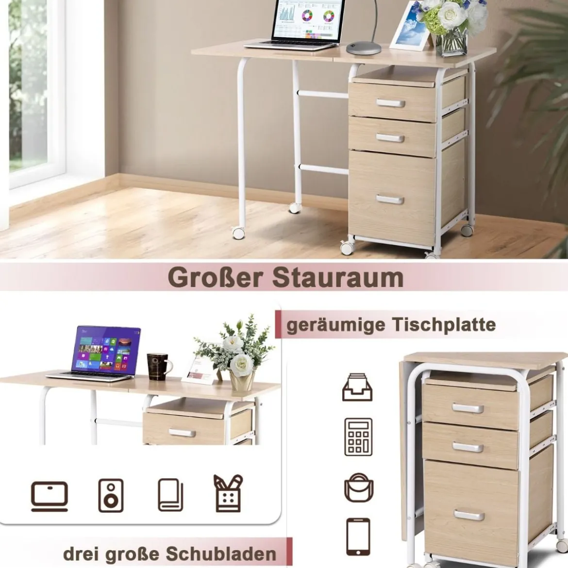 Klappbarer Computertisch mit 3 Schubladen & Rollen Platzsparender Schreibtisch Bürotisch