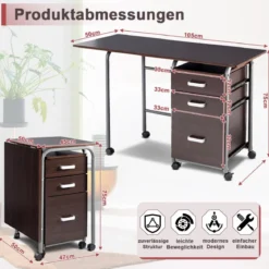 Klappbarer Computertisch mit 3 Schubladen & Rollen Platzsparender Schreibtisch Bürotisch