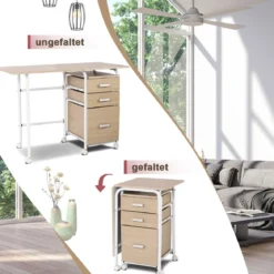 Klappbarer Computertisch mit 3 Schubladen & Rollen Platzsparender Schreibtisch Bürotisch