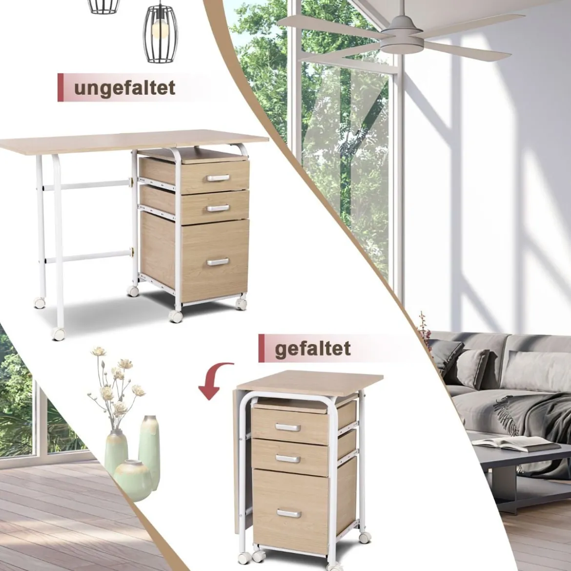Klappbarer Computertisch mit 3 Schubladen & Rollen Platzsparender Schreibtisch Bürotisch