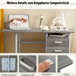 Klappbarer Computertisch mit 3 Schubladen & Rollen Platzsparender Schreibtisch Bürotisch