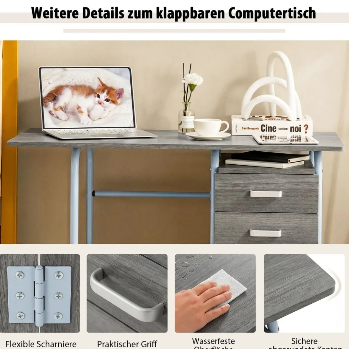 Klappbarer Computertisch mit 3 Schubladen & Rollen Platzsparender Schreibtisch Bürotisch