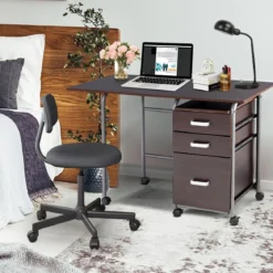 Klappbarer Computertisch mit 3 Schubladen & Rollen Platzsparender Schreibtisch Bürotisch