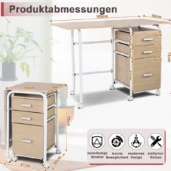 Klappbarer Computertisch mit 3 Schubladen & Rollen Platzsparender Schreibtisch Bürotisch