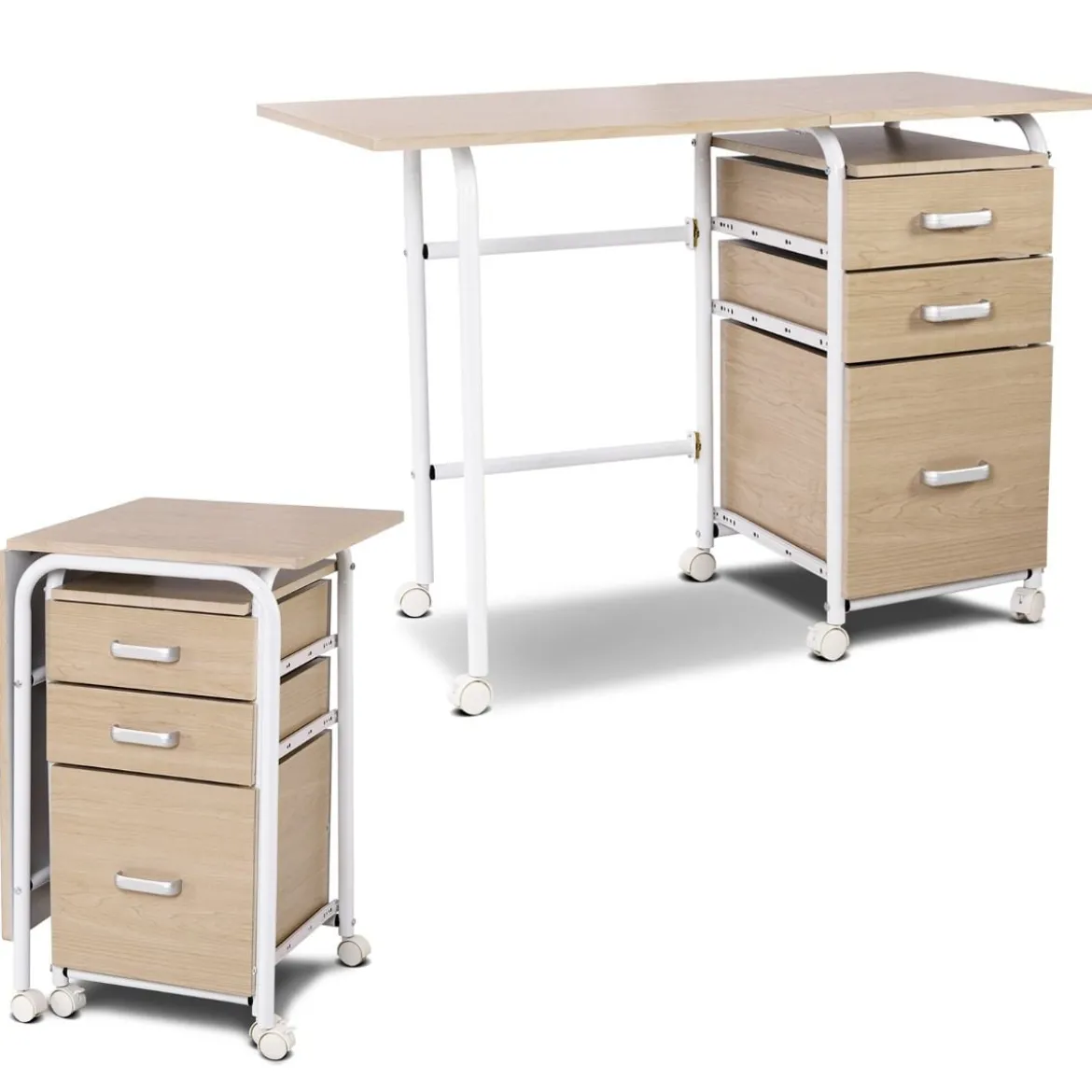 Klappbarer Computertisch mit 3 Schubladen & Rollen Platzsparender Schreibtisch Bürotisch
