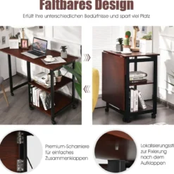 Klappbarer Computertisch Moderner Schreibtisch mit 2-stufigen Ablagefächern 107,5 x 54 x 77 cm Braun