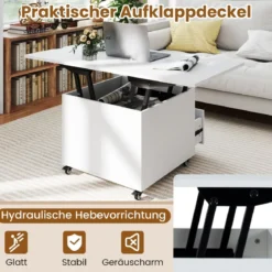Klappbarer Couchtisch mit Höhenverstellbarer Platte & Verstecktem Stauraum Sofatisch Weiß