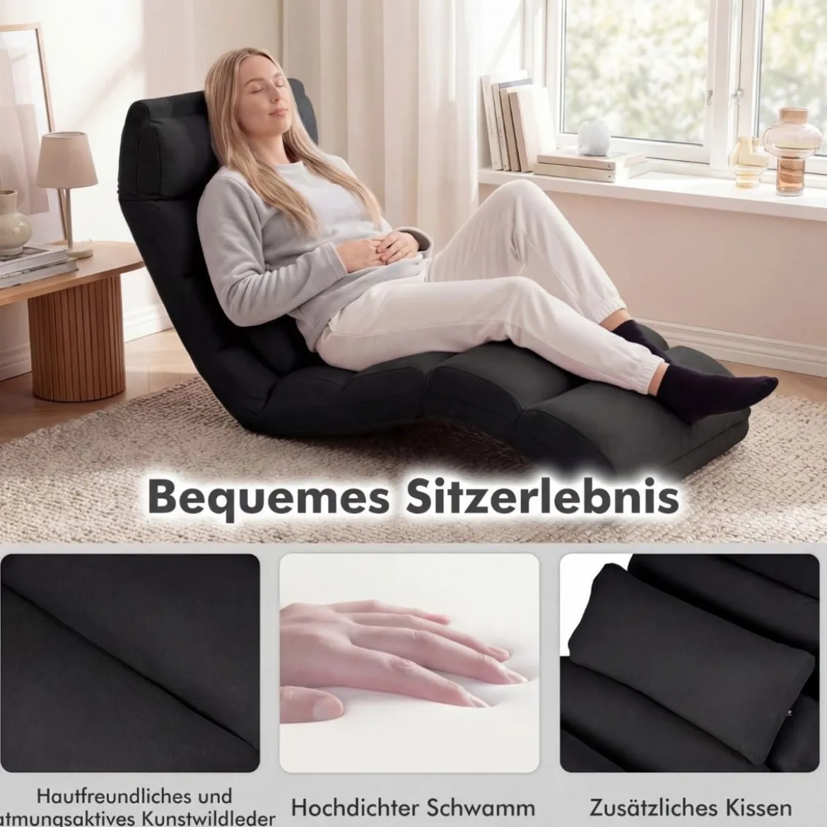 Klappbare Relaxliege mit Verstellbarer Rückenlehne & Schlaffunktion Bodenstuhl Bodenliege Schwarz