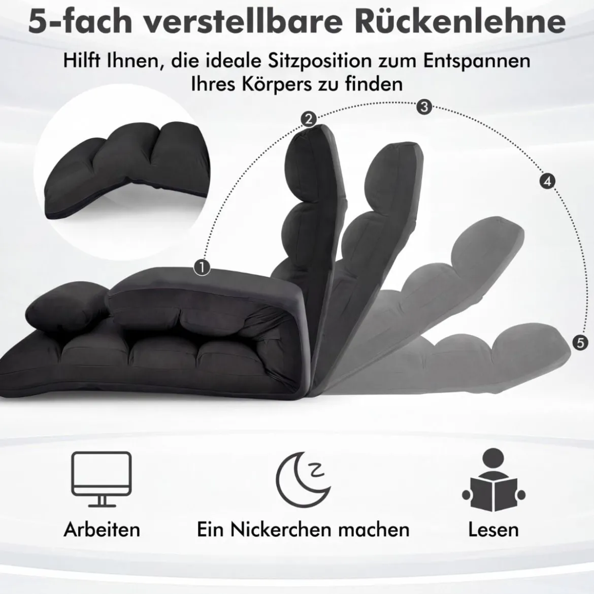 Klappbare Relaxliege mit Verstellbarer Rückenlehne & Schlaffunktion Bodenstuhl Bodenliege Schwarz
