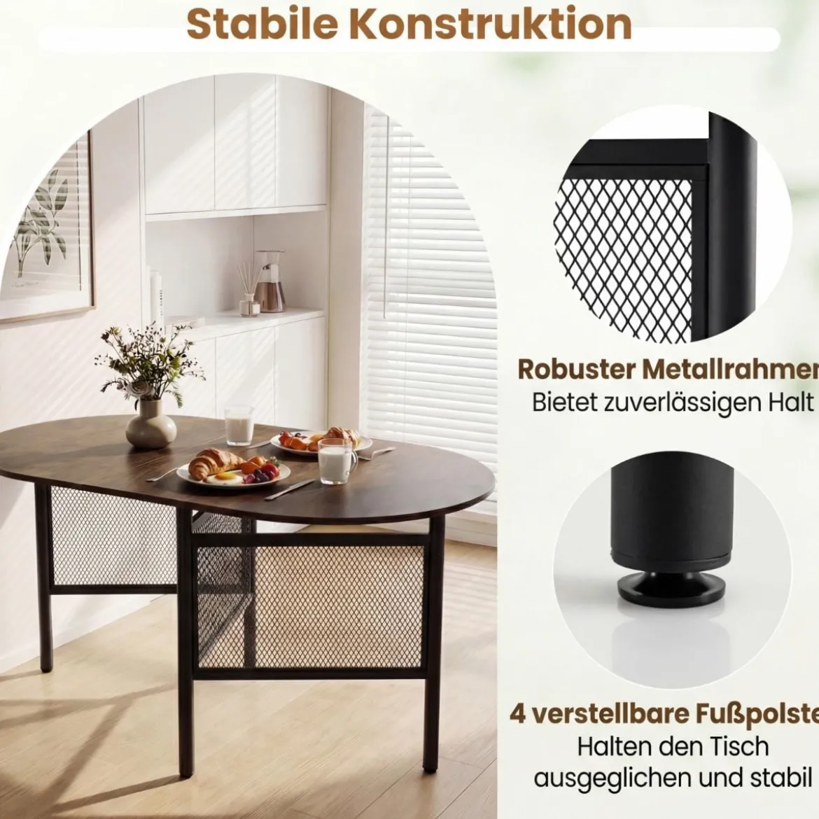 Klappbarer Esstisch für 6-8 Personen Platzsparender Klapptisch Ovaler Küchentisch Braun