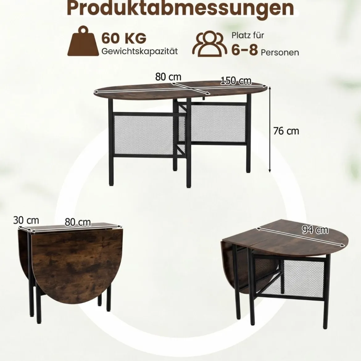 Klappbarer Esstisch für 6-8 Personen Platzsparender Klapptisch Ovaler Küchentisch Braun