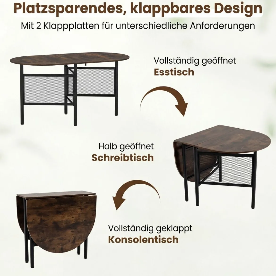Klappbarer Esstisch für 6-8 Personen Platzsparender Klapptisch Ovaler Küchentisch Braun