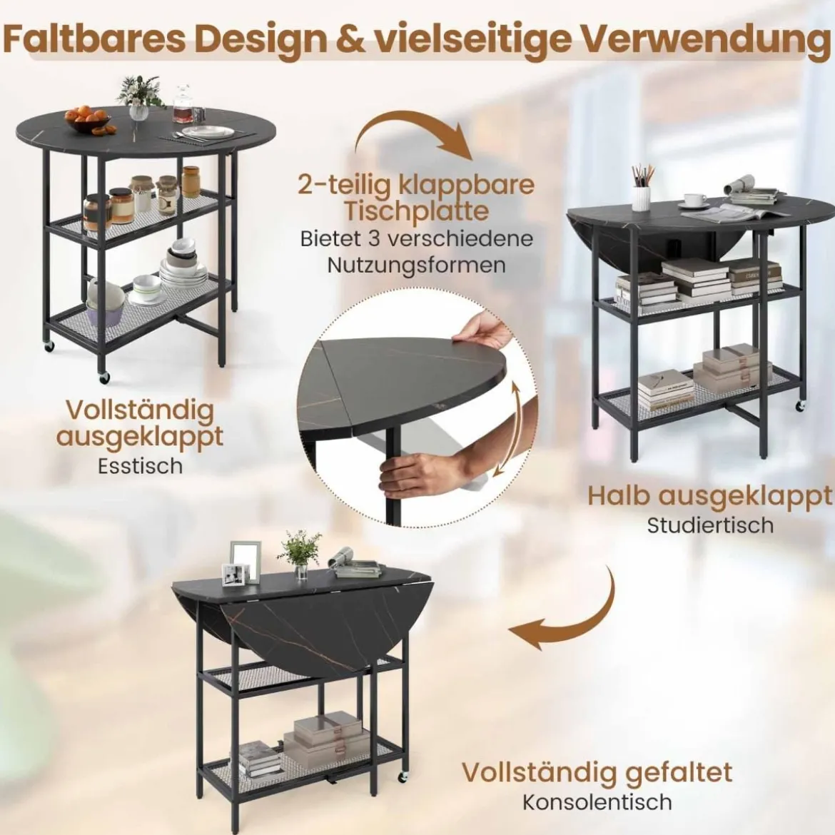 Klappbarer Esstisch mit Marmor Optik Mobiler Klapptisch für 4 Personen Küchentisch Schwarz