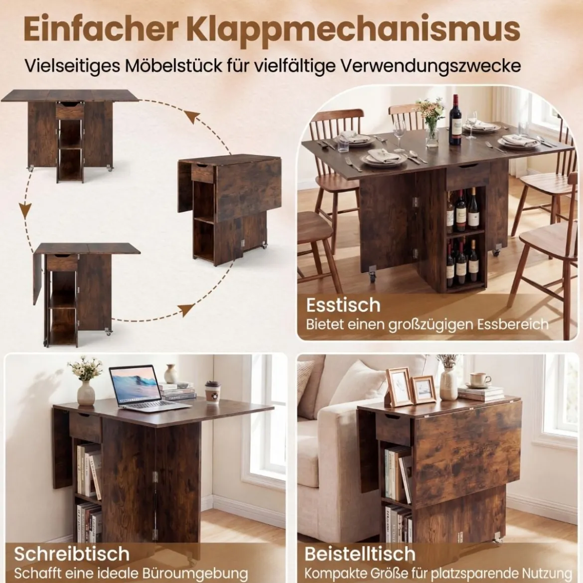 Klappbarer Esstisch mit 2 Rädern & 2-stufiger Ablagefläche & Schublade Klapptisch Rustikalbraun
