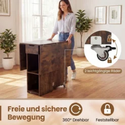 Klappbarer Esstisch mit 2 Rädern & 2-stufiger Ablagefläche & Schublade Klapptisch Rustikalbraun