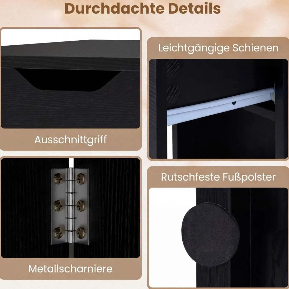 Klappbarer Esstisch mit 2 Rädern & 2-stufiger Ablagefläche & Schublade Klapptisch Schwarz