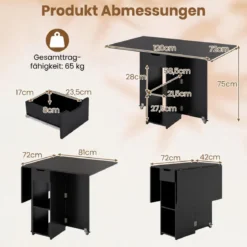 Klappbarer Esstisch mit 2 Rädern & 2-stufiger Ablagefläche & Schublade Klapptisch Schwarz