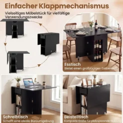 Klappbarer Esstisch mit 2 Rädern & 2-stufiger Ablagefläche & Schublade Klapptisch Schwarz