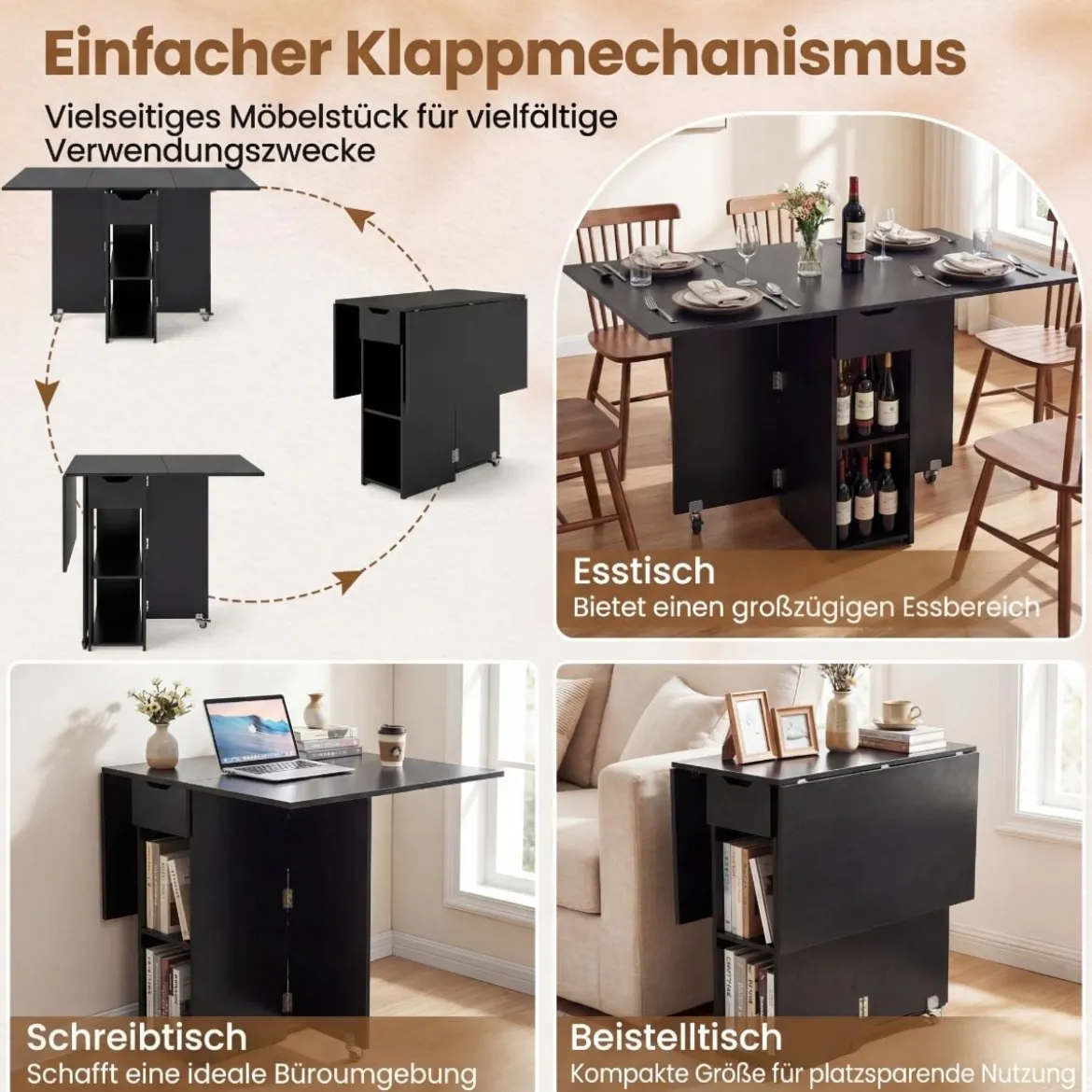 Klappbarer Esstisch mit 2 Rädern & 2-stufiger Ablagefläche & Schublade Klapptisch Schwarz
